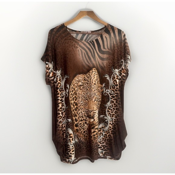 Leopard Tops - Blossom By P Leopard Tunic Top Rhinestone Bling Slinky Knit Animal Ruched L/XL